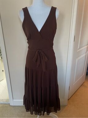 jonathan martin Brown V-Neck Tiered Maxi Dress with Waist Tie